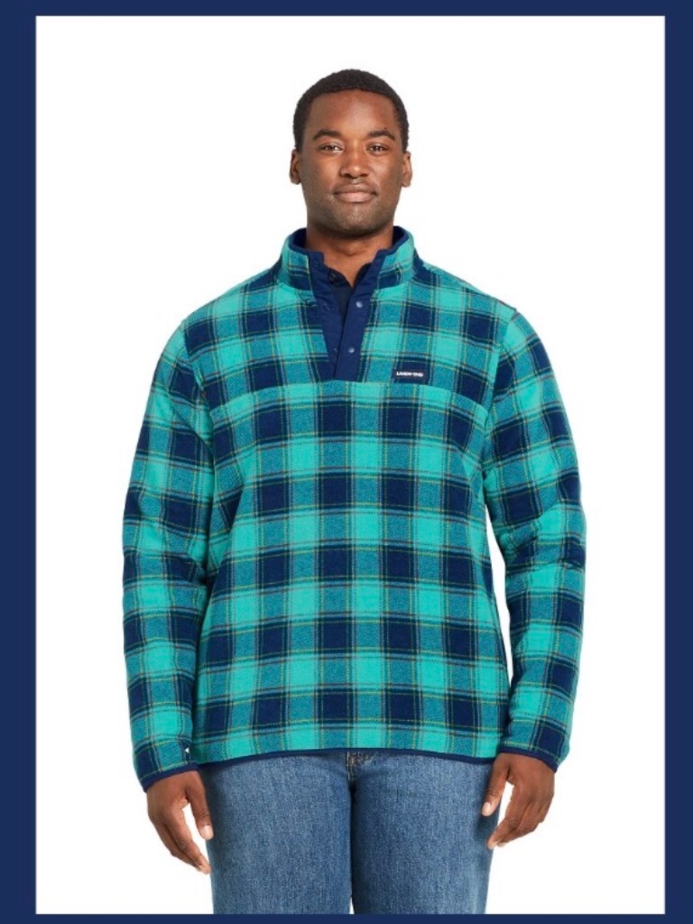 NEW! Lands End Men's Fleece Pullover SnapNeck Navy Blue/Green Plaid Large Warm